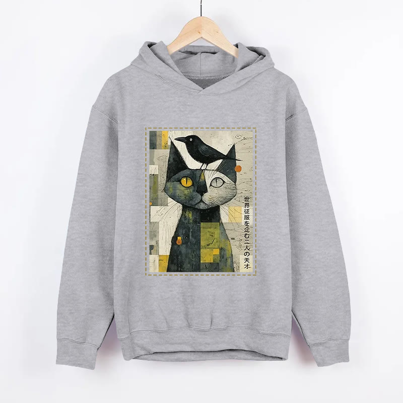 Unisex Funny Cat And Crow Present Pattern Long Sleeved Hoodie - Grey - US44-46(8XL) - image 3