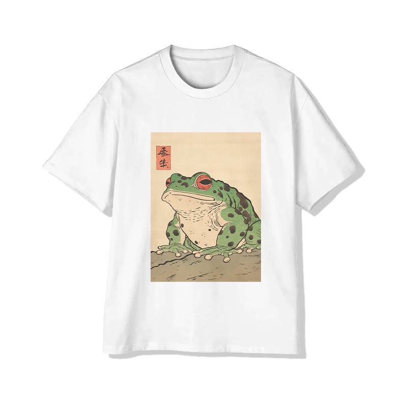 UnisexJapanese Retro Frog  Print Short Sleeved Crew Neck T-Shirt - White - 2XL - image 1