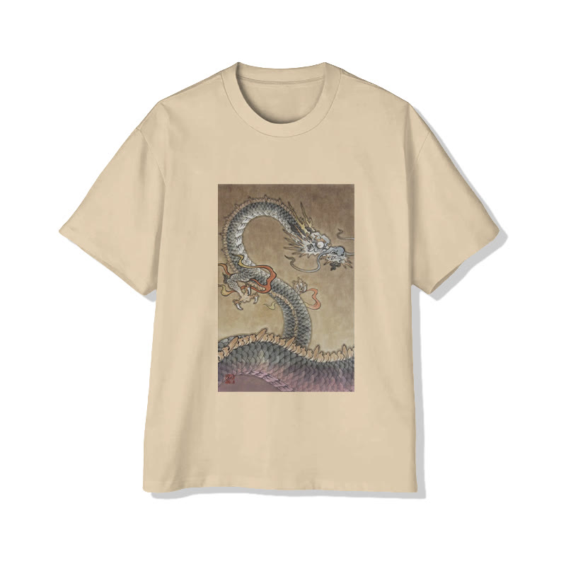 Unisex Japanese Japanese Dragon Totem Pattern Short Sleeved Crew Neck T-Shirt - Apricot - 2XL - image 1