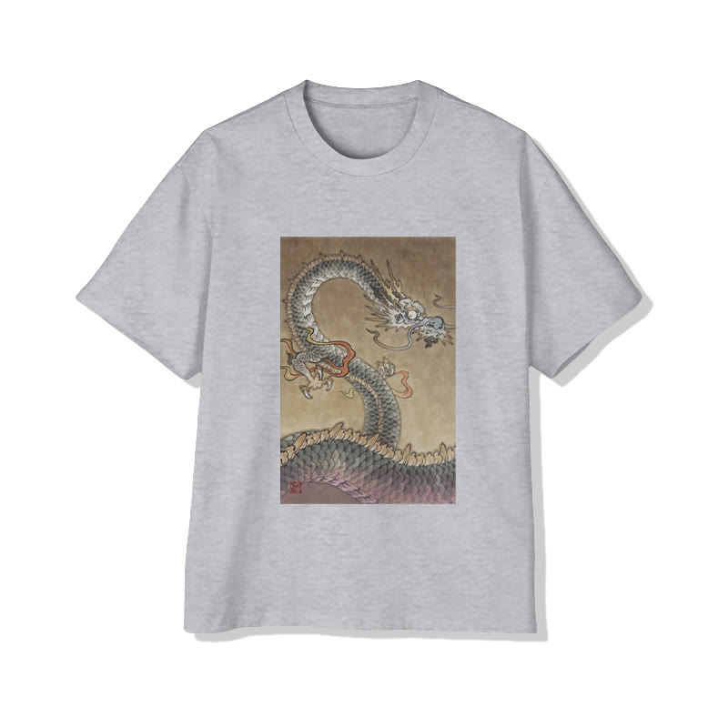 Unisex Japanese Japanese Dragon Totem Pattern Short Sleeved Crew Neck T-Shirt - Grey - 2XL - image 3