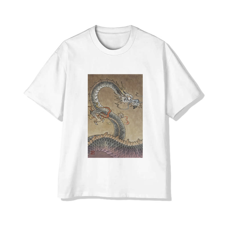 Unisex Japanese Japanese Dragon Totem Pattern Short Sleeved Crew Neck T-Shirt - White - 2XL - image 2