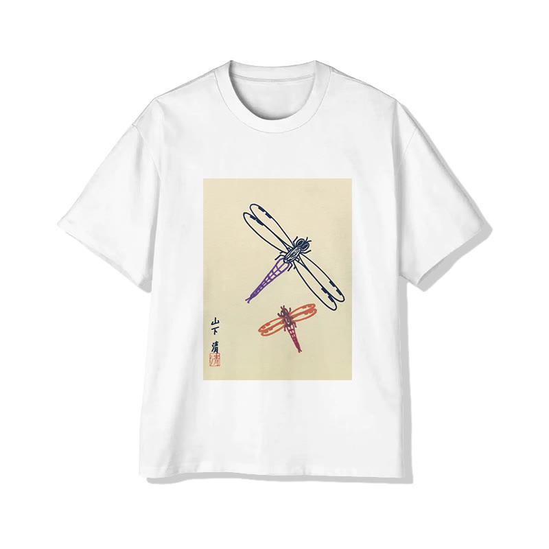 Unisex Japanese Dragonfly Ukiyo-e Art Pattern Short Sleeved Crew Neck T-Shirt - White - 2XL - image 2