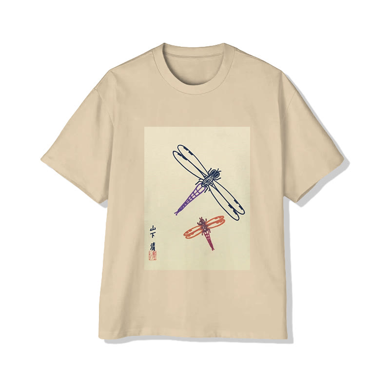 Unisex Japanese Dragonfly Ukiyo-e Art Pattern Short Sleeved Crew Neck T-Shirt - Apricot - 2XL - image 4