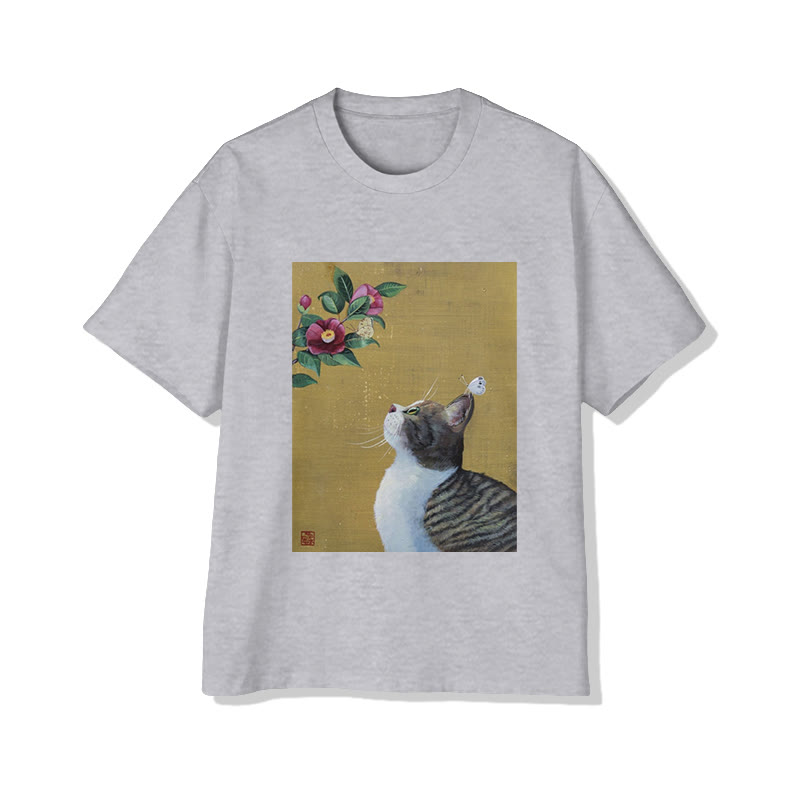Unisex Japanese Cat And Floral Art Print Short Sleeved Crew Neck T-Shirt - Grey - 2XL - image 2