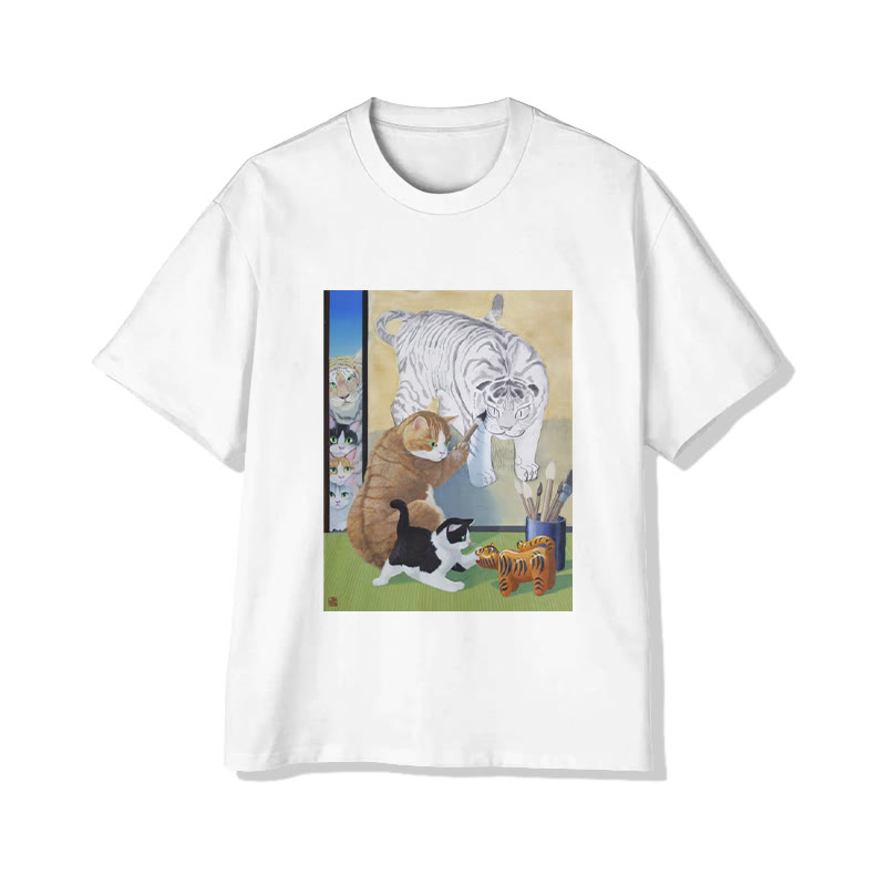 Unisex Cat And White Tiger Whimsical Art Print Short Sleeved Crew Neck T-Shirt - White - 2XL - image 2