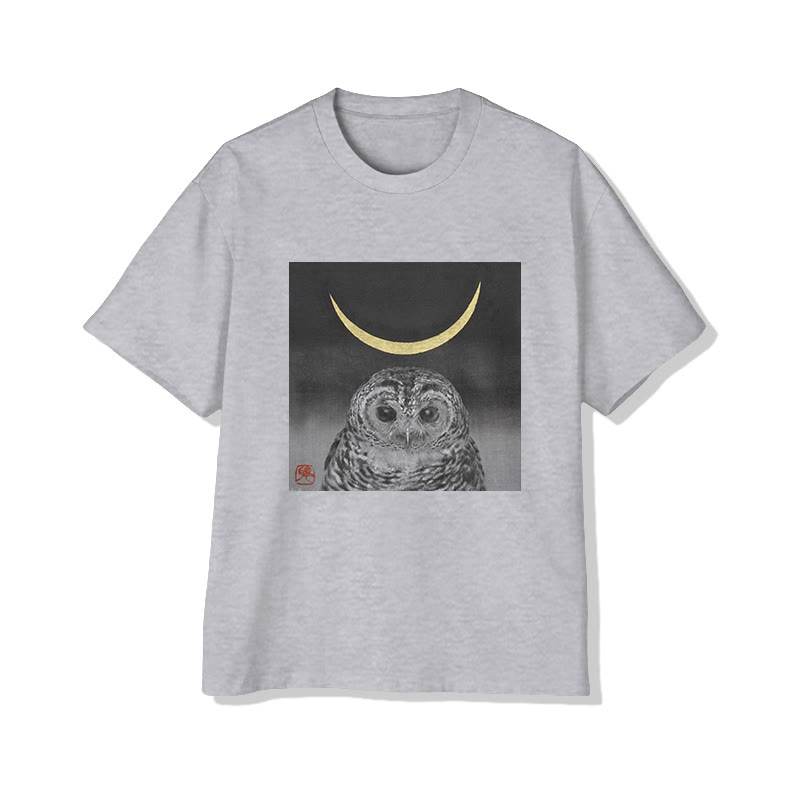 Unisex Owl And Crescent Moon Art  Print Short Sleeved Crew Neck T-Shirt - Grey - 2XL - image 2