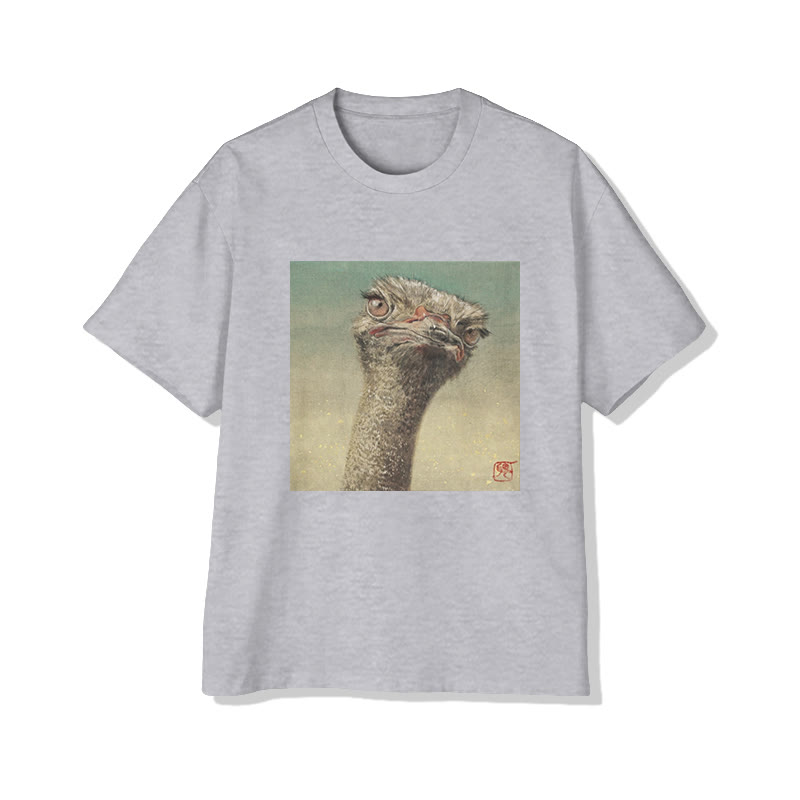 Unisex Ostrich Portrait Art Print Short Sleeved Crew Neck T-Shirt - Grey - 2XL - image 3