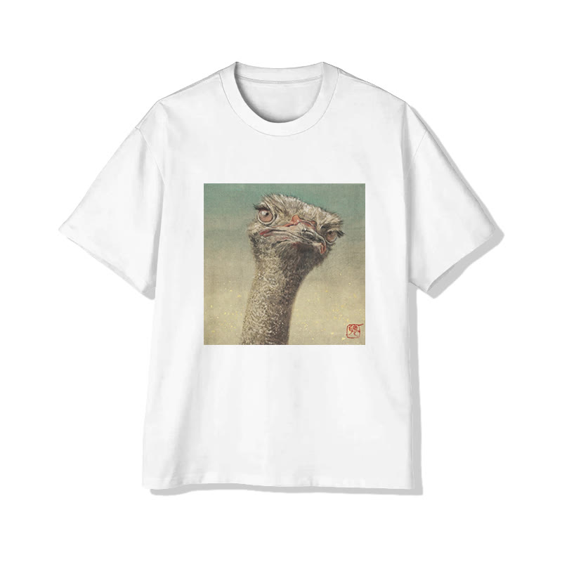 Unisex Ostrich Portrait Art Print Short Sleeved Crew Neck T-Shirt - White - 2XL - image 1
