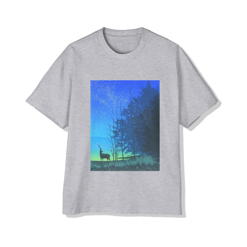 Unisex Starry Night Deer Forest Art Print Short Sleeved Crew Neck T-Shirt - Grey - 2XL - image 1