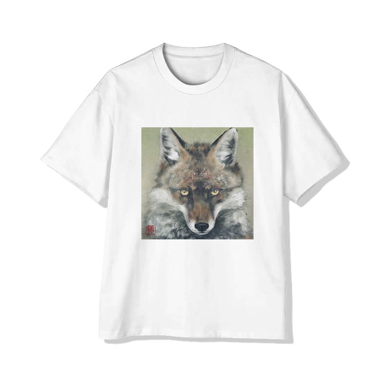 Unisex Fox Portrait Art Print Short Sleeved Crew Neck T-Shirt - White - 2XL - image 2