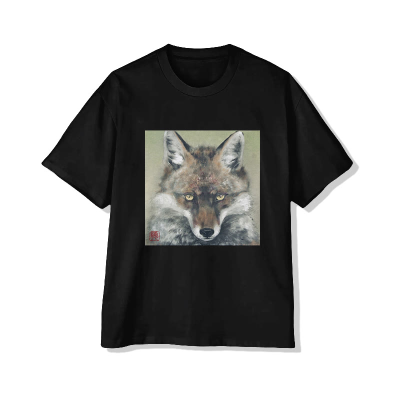 Unisex Fox Portrait Art Print Short Sleeved Crew Neck T-Shirt - Black - 2XL - image 1