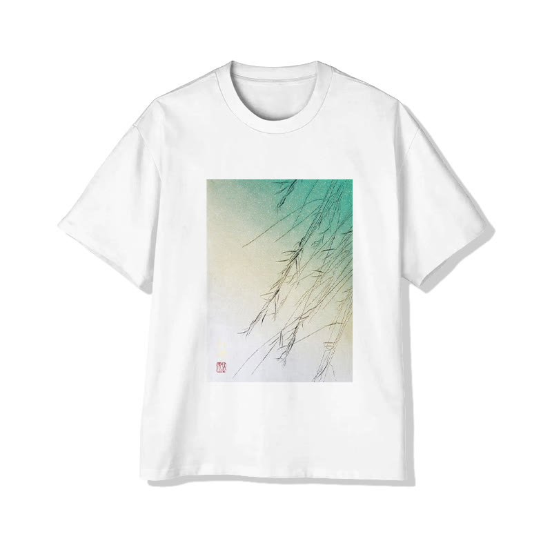 Unisex Oriental Willow Branch Art  Print Short Sleeved Crew Neck T-Shirt - Grey - 2XL - image 2