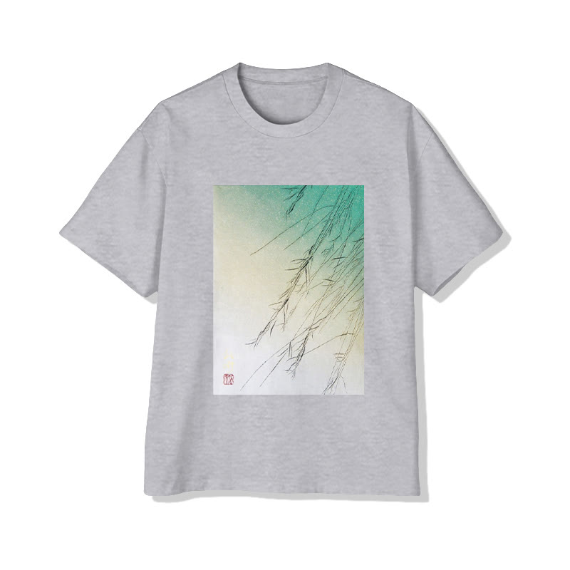 Unisex Oriental Willow Branch Art  Print Short Sleeved Crew Neck T-Shirt - White - 2XL - image 1