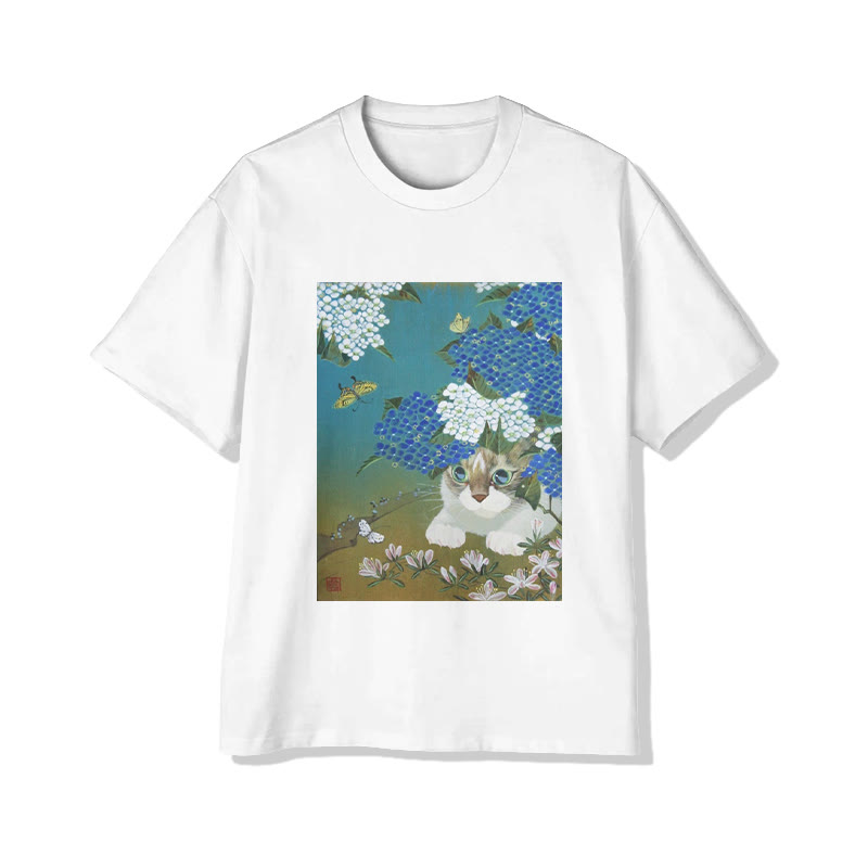 Unisex Cat And Hydrangea Garden Art Print Short Sleeved Crew Neck T-Shirt - White - 2XL - image 1