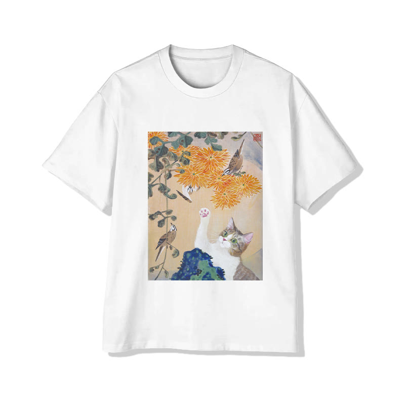 Unisex Cat And Chrysanthemum Garden Art Print Short Sleeved Crew Neck T-Shirt - White - 2XL - image 2
