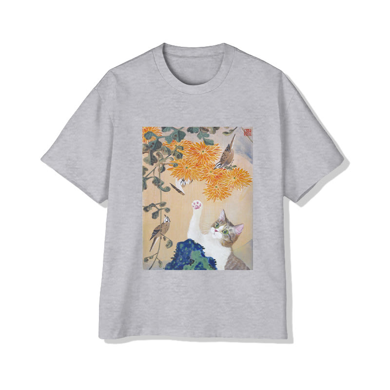 Unisex Cat And Chrysanthemum Garden Art Print Short Sleeved Crew Neck T-Shirt - Grey - 2XL - image 3