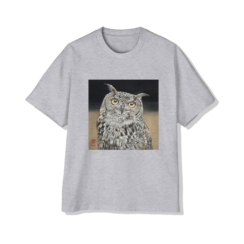 Unisex Owl Portrait Art Print Short Sleeved Crew Neck T-Shirt - Grey - 2XL - image 2