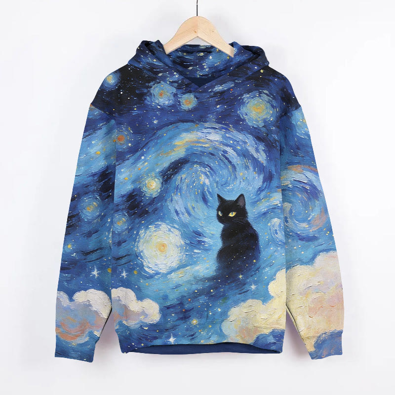 Oil Painting Van Gogh Cat Art Print Long Sleeve Hoodie - Blue - US44-46(8XL) - image 1
