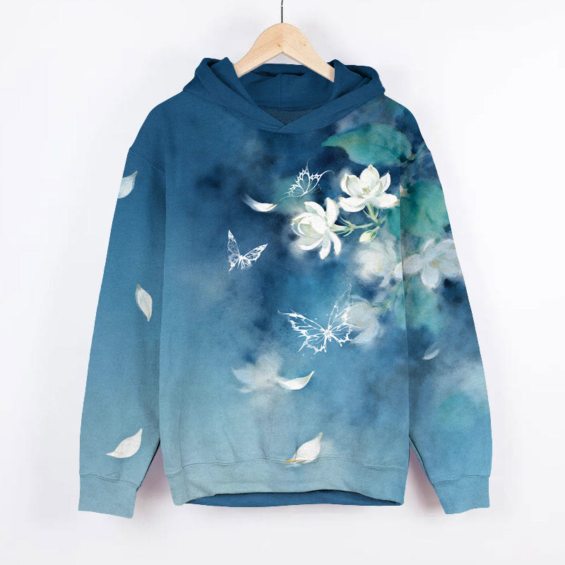 Romantic Watercolor Tie-dye White Magnolia Flower Art Print Long Sleeve Hoodie - Blue - US44-46(8XL) - image 2