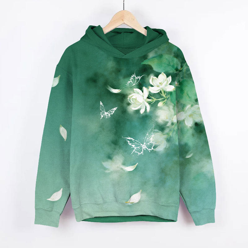 Romantic Watercolor Tie-dye White Magnolia Flower Art Print Long Sleeve Hoodie - Green - US44-46(8XL) - image 1