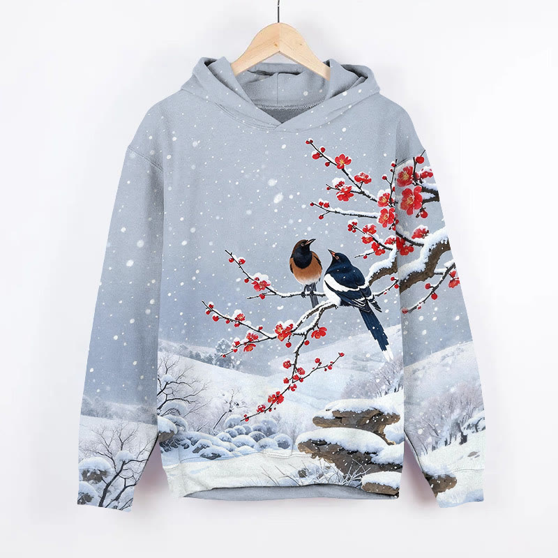 Winter Snowy Oriental Magpie And Plum Blossom Pattern Art Print Long Sleeve Hoodie - Blue - US44-46(8XL) - image 1
