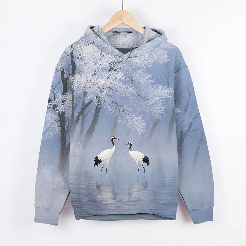 Red-crowned Cranes And Snow Scene Pattern Art Print Long Sleeve Hoodie - Blue - US44-46(8XL) - image 2