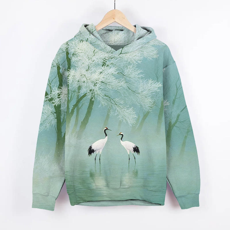 Red-crowned Cranes And Snow Scene Pattern Art Print Long Sleeve Hoodie - Green - US44-46(8XL) - image 1