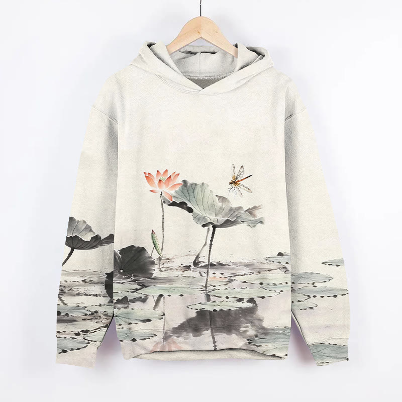 Vintage Ink Watercolor Lotus Pond Art Print Long Sleeve Hoodie - Beige - US44-46(8XL) - image 1