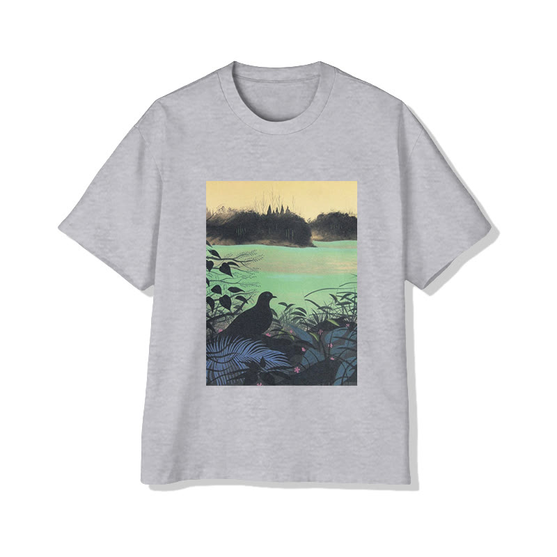 Unisex Woodland Bird And Nature Scene Art Print Short Sleeved Crew Neck T-Shirt - Grey - 2XL - image 3