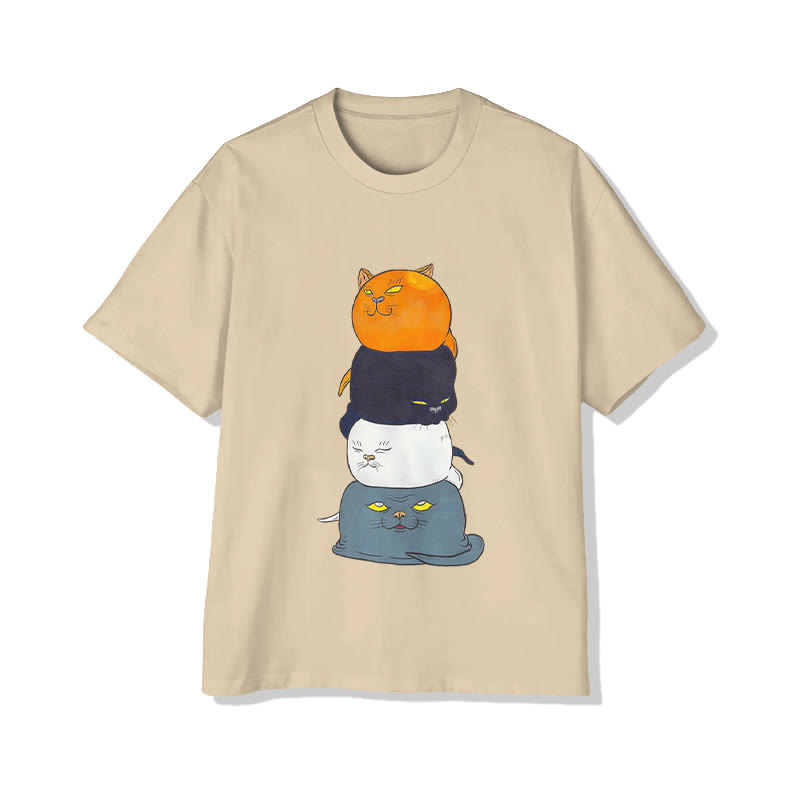 Unisex Stacked Cats Art Print Short Sleeved Crew Neck T-Shirt - Apricot - 2XL - image 2