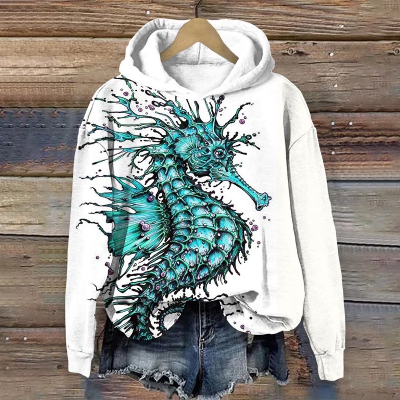Creative Seahorse Art Print  Long Sleeved Hoodie - Blue - US44-46(8XL) - image 1