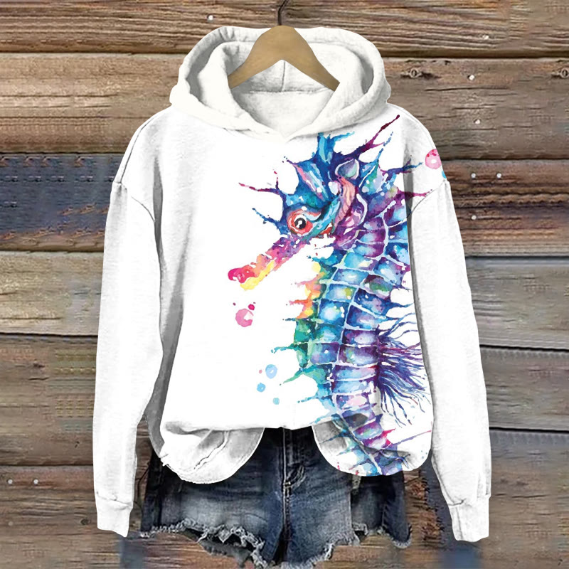 Watercolor Seahorse Art Print  Long Sleeved Hoodie - White - US44-46(8XL) - image 1