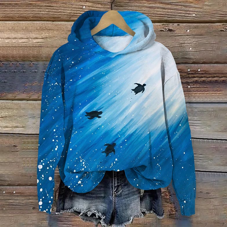 Watercolor Gradient Turtle Art Print  Long Sleeved Hoodie - Blue - US44-46(8XL) - image 1