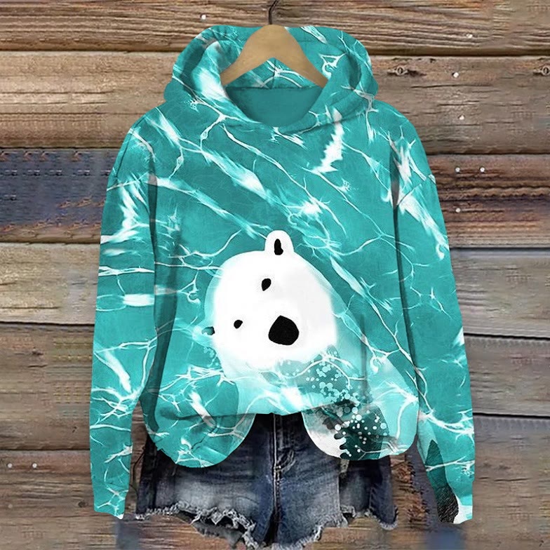 Polar Bear In Turquoise Water Art Print Long Sleeved Hoodie - Green - US44-46(8XL) - image 1