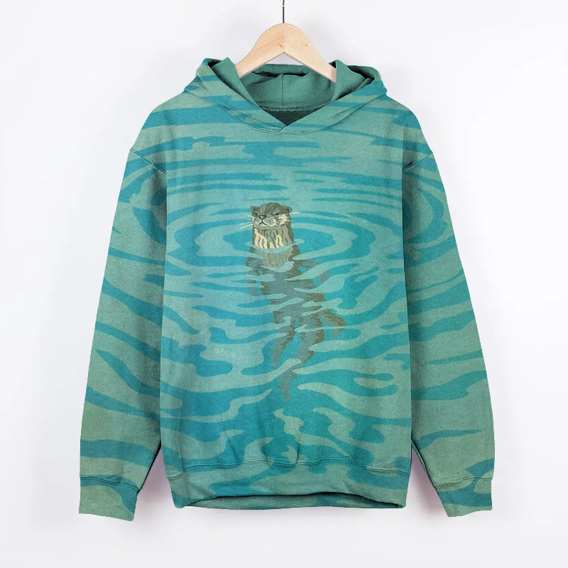 Unisex Otter Water Ripples Art Print Long Sleeved Hoodie - Green - US44-46(8XL) - image 1