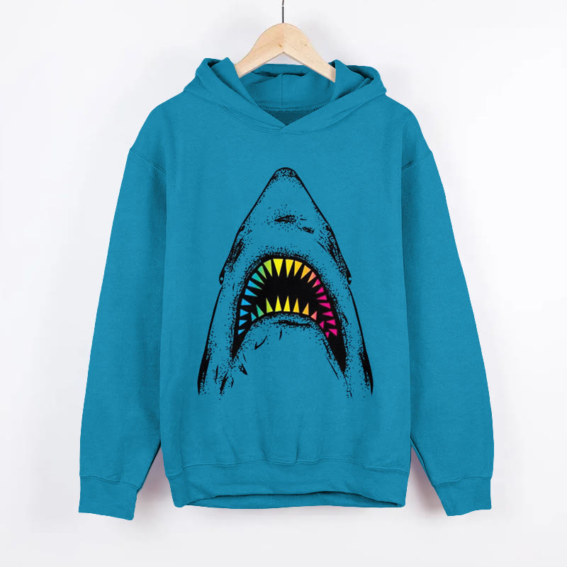 Unisex Neon Jaws Art Print Long Sleeved Hoodie - Blue - US44-46(8XL) - image 1