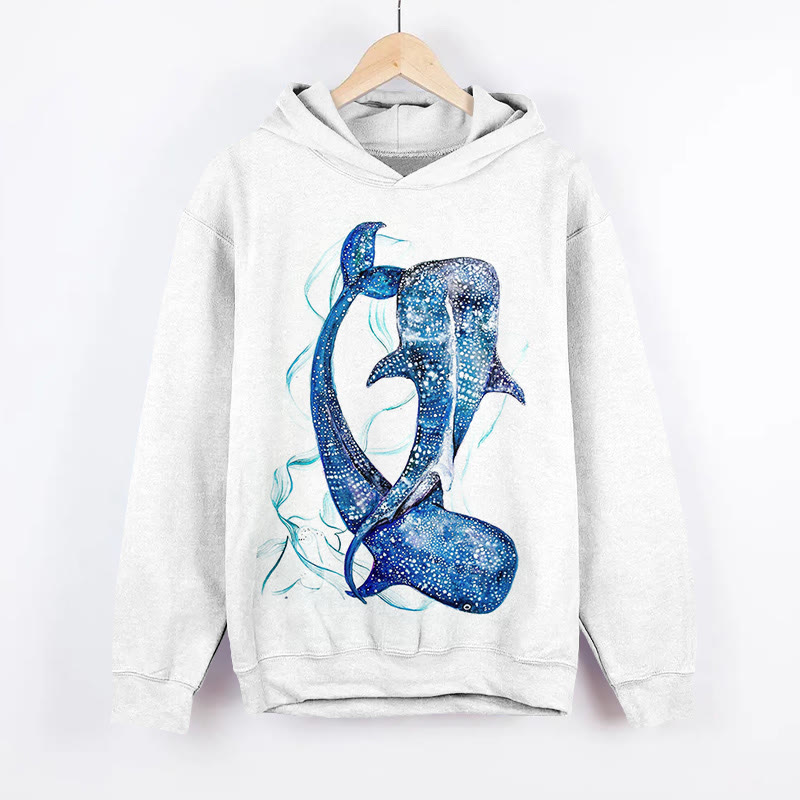 Unisex Starry Whale Shark Art  Print Long Sleeved Hoodie - White - US44-46(8XL) - image 1