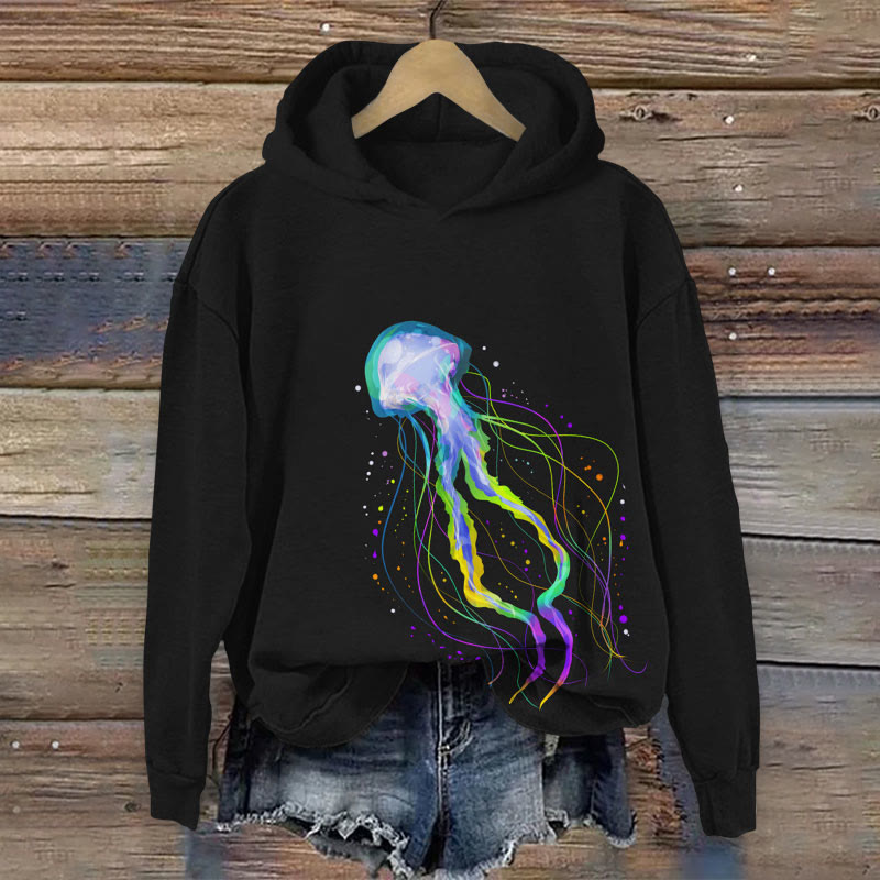 Colorful Glowing Jellyfish  Art  Print Long Sleeved Hoodie - Black - US44-46(8XL) - image 2