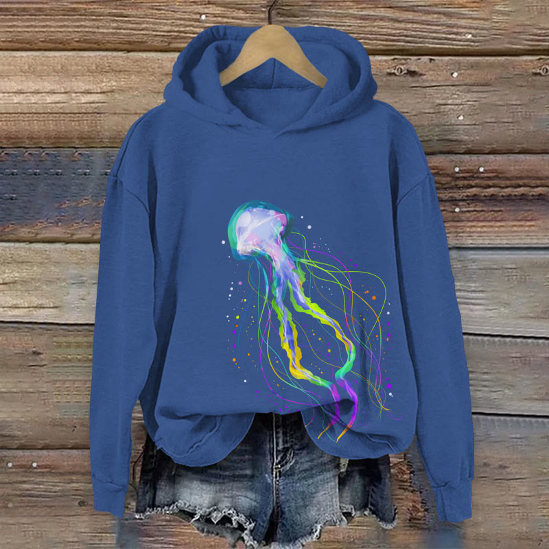 Colorful Glowing Jellyfish  Art  Print Long Sleeved Hoodie - Blue - US44-46(8XL) - image 1
