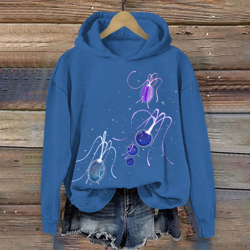Luminous Light Bulb Jellyfish Art Print Long Sleeved Hoodie - Blue - US44-46(8XL) - image 2
