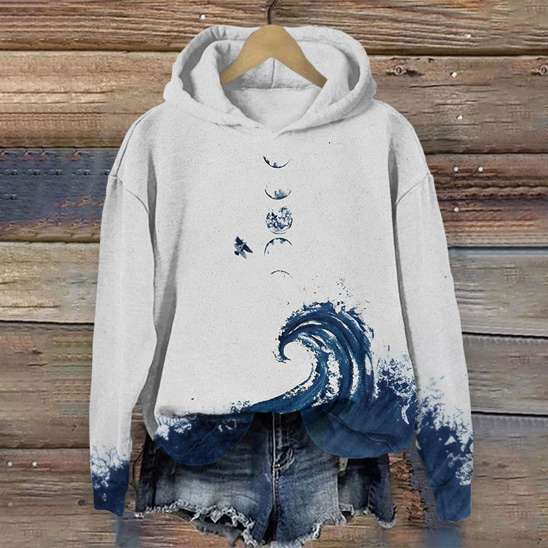 Crescent Moon Wave Art Print Long Sleeved Hoodie - Grey - US44-46(8XL) - image 1