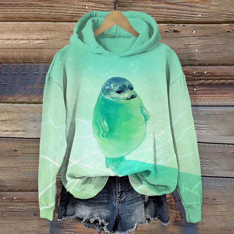 Cute Seal Translucent Glowing Art Print Long Sleeved Hoodie - Light Green - US44-46(8XL) - image 1