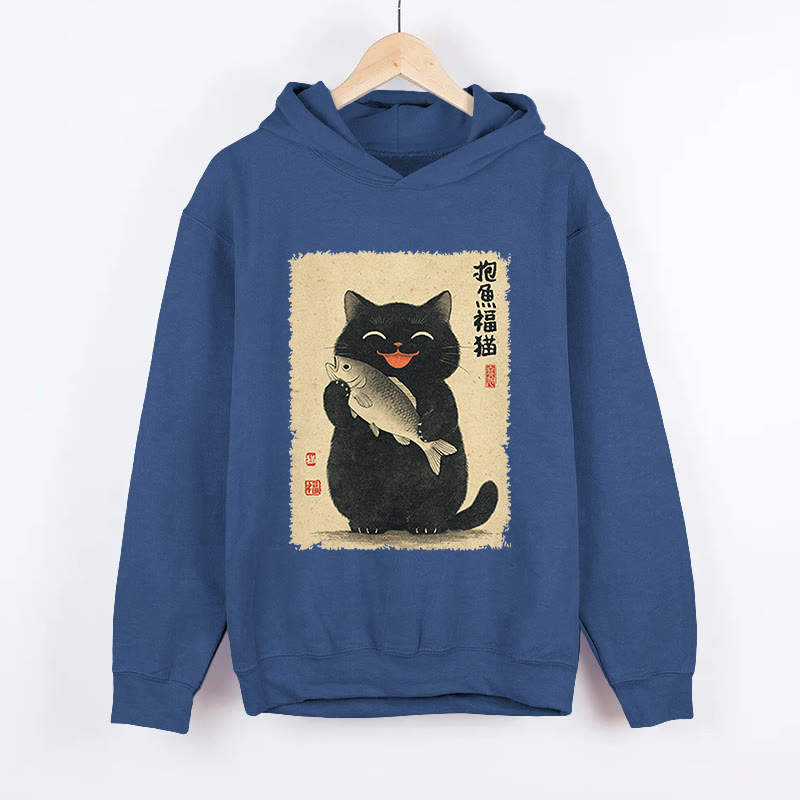 Unisex Lucky Cat’s Catch Pattern Long Sleeved Hoodie - Dark Blue - US44-46(8XL) - image 2