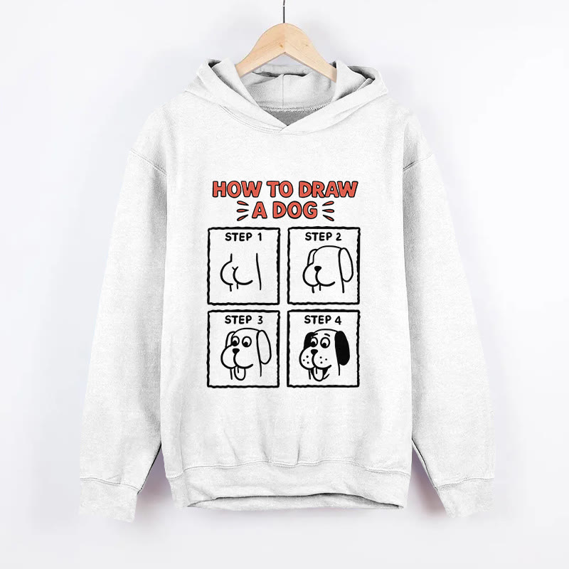 Unisex How To Draw A Dog Pattern Long Sleeved Hoodie - White - US44-46(8XL) - image 2