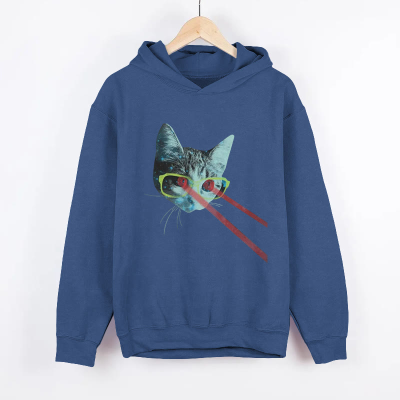 Unisex Funny Laser Eyed Cat Pattern Long Sleeved Hoodie - Dark Blue - US44-46(8XL) - image 2