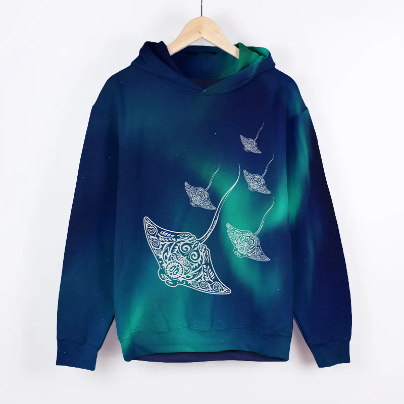 Unisex Aurora Stingray Ocean Art Print Long Sleeve Hoodie - Blue - US44-46(8XL) - image 2