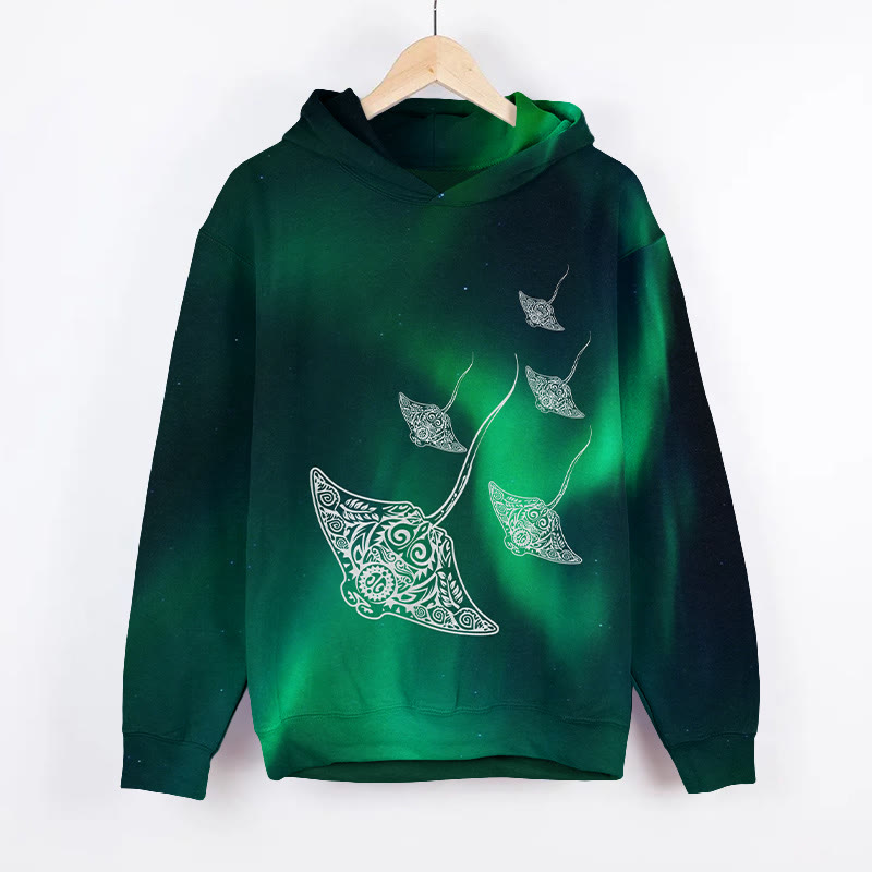 Unisex Aurora Stingray Ocean Art Print Long Sleeve Hoodie - Green - US44-46(8XL) - image 1