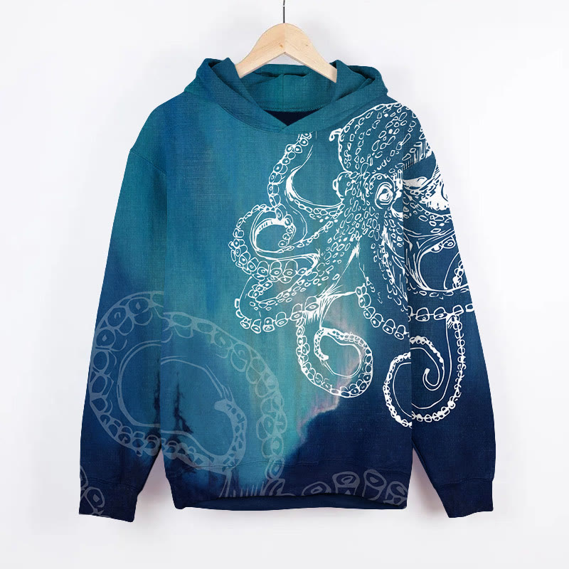 Unisex Aurora Octopus Ocean Art Print Long Sleeve Hoodie - Blue - US44-46(8XL) - image 2