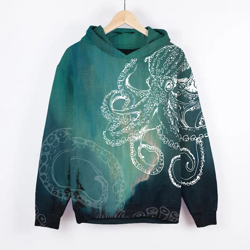 Unisex Aurora Octopus Ocean Art Print Long Sleeve Hoodie - Green - US44-46(8XL) - image 1