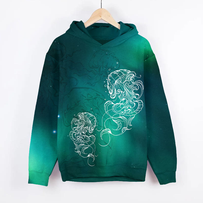 Unisex Dreamy Aurora Jellyfish Ocean Art Print Long Sleeve Hoodie - Green - US44-46(8XL) - image 2